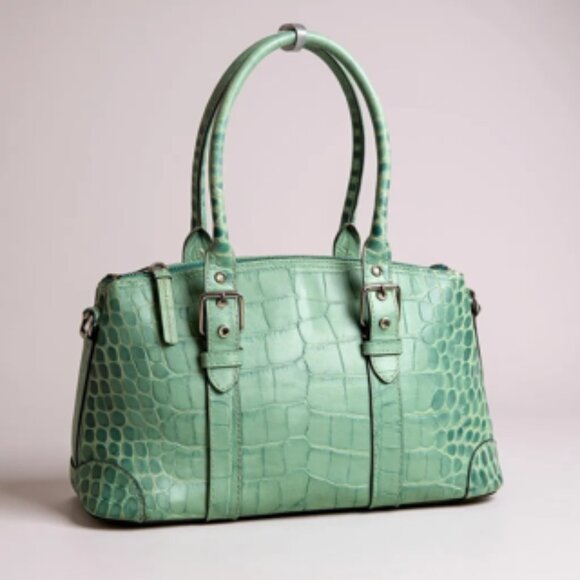 Vintage Dooney & Bourke Mint Green Croc Embossed Leather Satchel Structured Tote - Picture 1 of 14